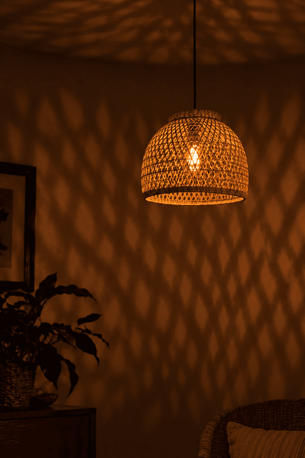 A woven rattan pendant lamp casting a lattice of light on the wall